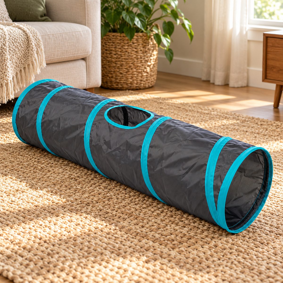 Collapsible Cat Tunnel - Charcoal and Teal, 35.4 in