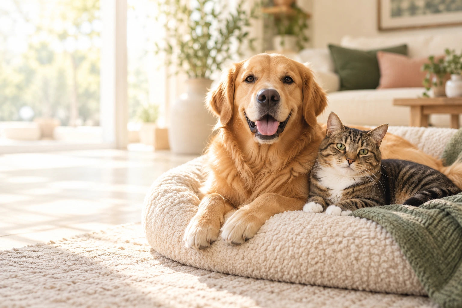 Golden retriever and tabby cat relaxing together in a cozy home